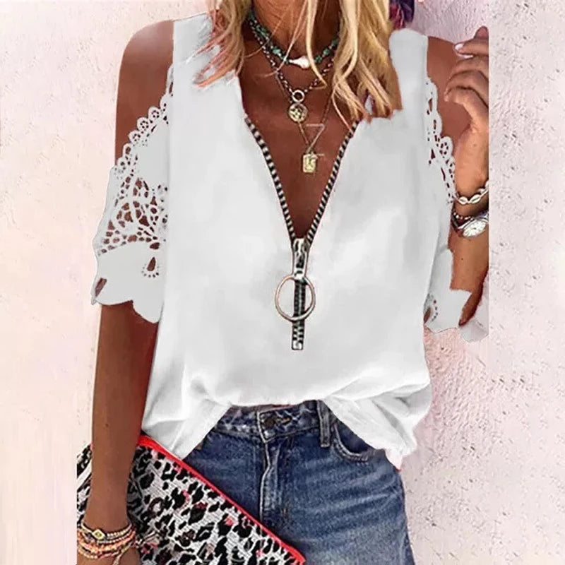 Out Short Sleeve Casual Fashion Shirt Ladies Loose Elegant Tops Mujer 24989